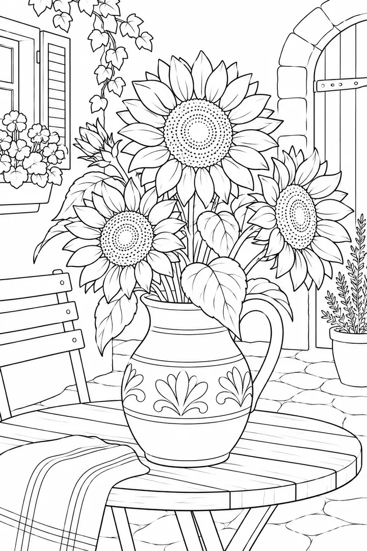 Sonnenblumen in einem Keramikkrug in einem ruhigen Innenhof