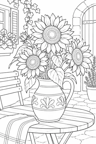 Sonnenblumen in einem Keramikkrug in einem ruhigen Innenhof