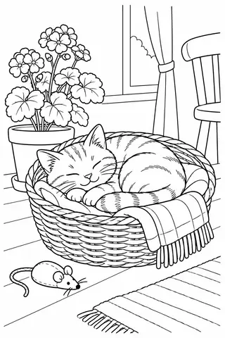 Katze beim Dösen im Korb neben einer Geranie