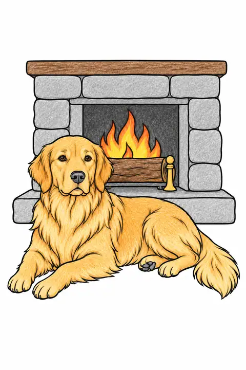 Golden Retriever by a Fireplace color example