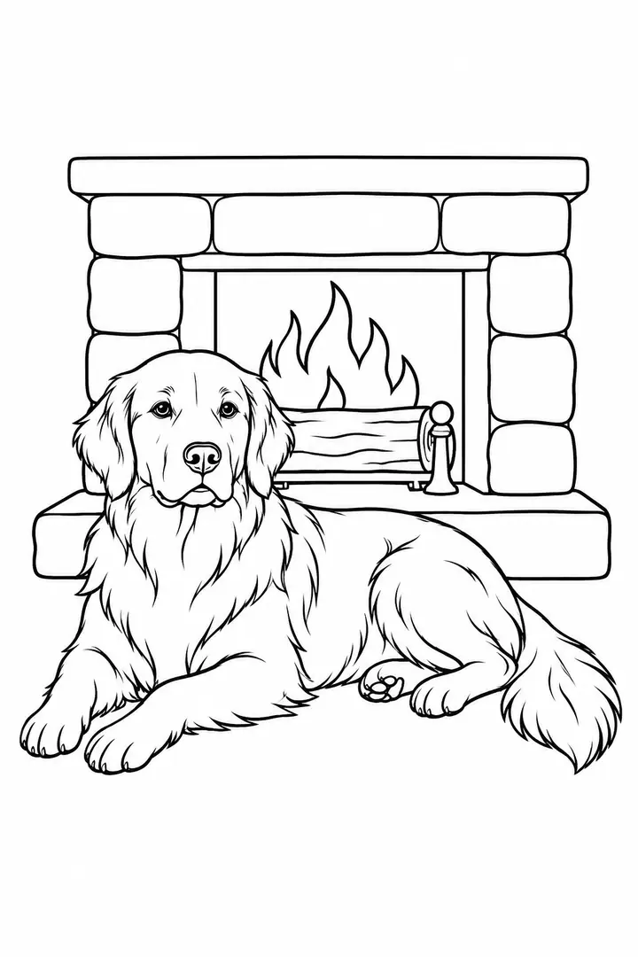 Golden Retriever by a Fireplace line art