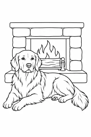 Golden Retriever by a Fireplace