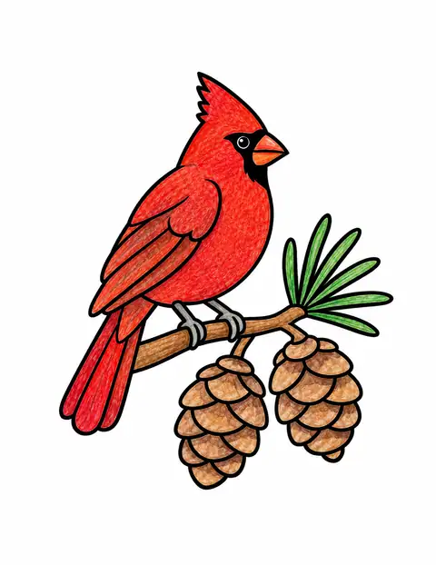 Cardinal beside Pinecones color example