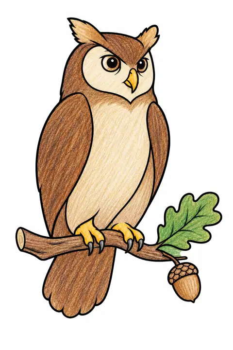 Owl on an Oak Branch color example