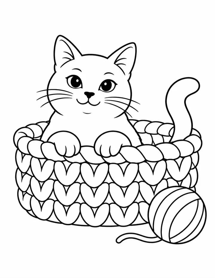 Cat in a Knitted Basket line art