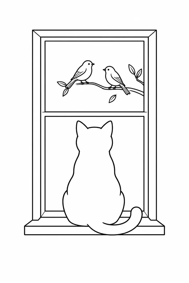 Cat Watching Birds line art