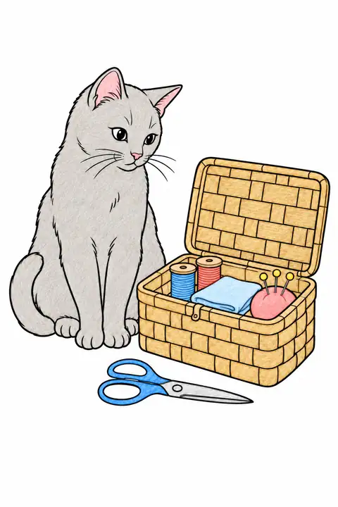 Cat beside a Sewing Basket color example