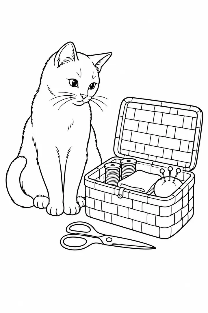 Cat beside a Sewing Basket line art