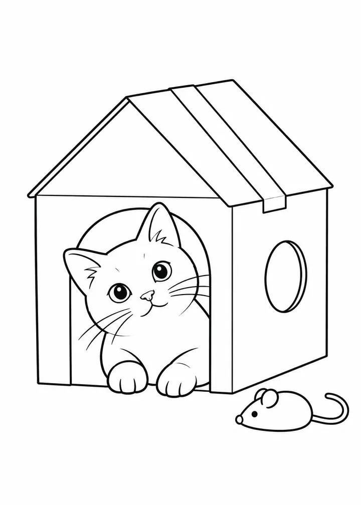 Cat in a Cardboard House line art