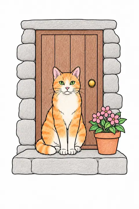 Cat on a Cottage Step color example