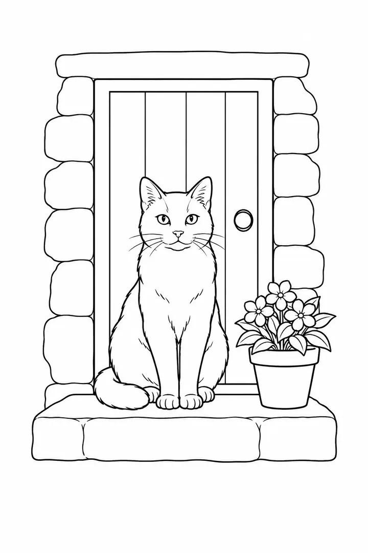 Cat on a Cottage Step line art