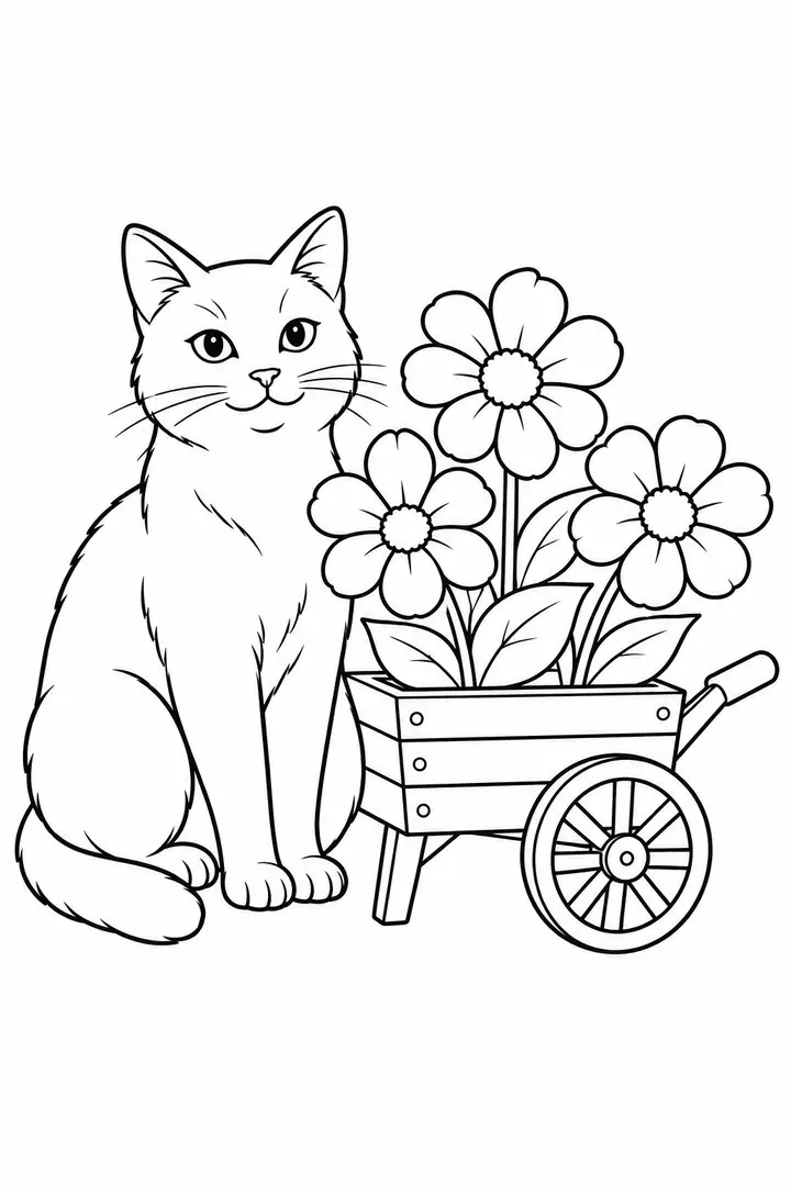 Cat beside a Flower Cart line art