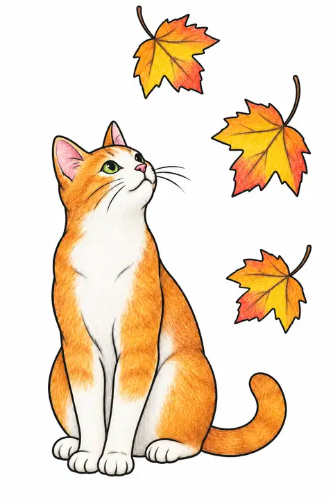 Cat Watching Falling Leaves color example