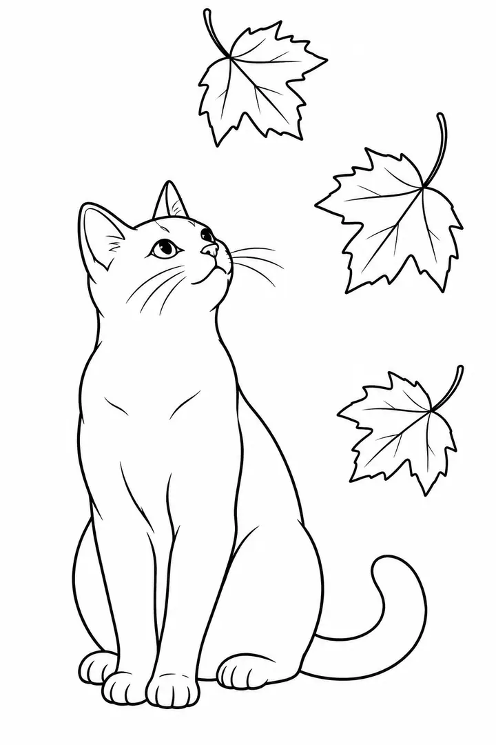 Cat Watching Falling Leaves line art