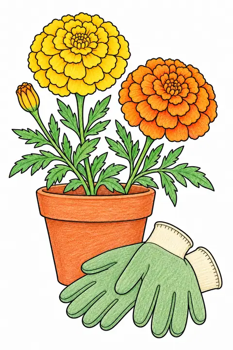 Marigolds beside Garden Gloves color example
