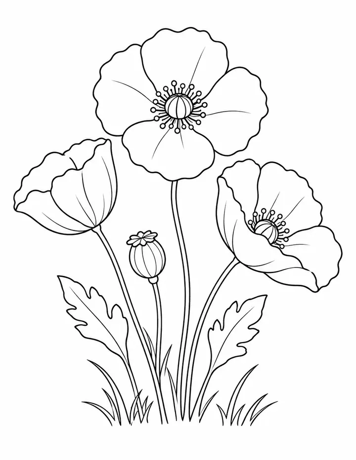 Poppies in a Meadow line art
