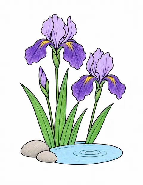 Irises beside a Pond color example