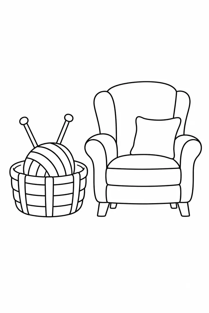 Knitting Basket and Armchair line art