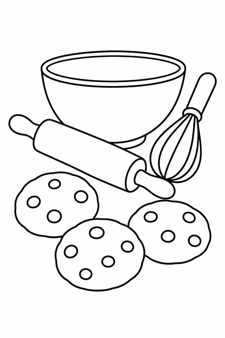 Baking Utensils and Cookies line art