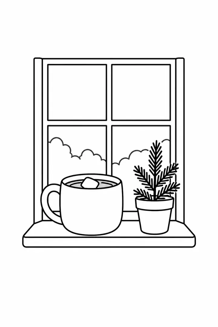 Hot Cocoa beside a Window line art