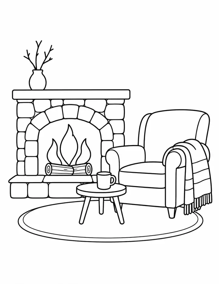 Cozy Fireplace and Blanket line art