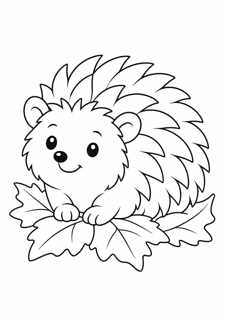 Hedgehog on Fallen Leaves line art