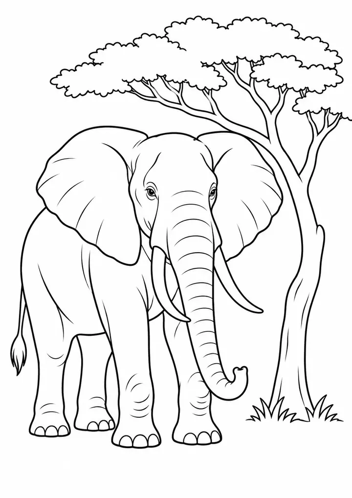 Elephant beside a Tree line art