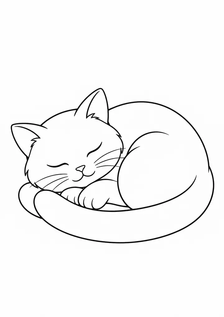 Curled Sleeping Cat line art