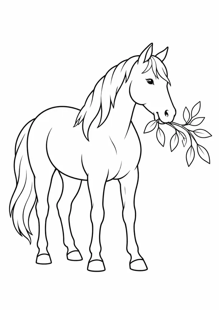 Horse Nibbling Leaves line art