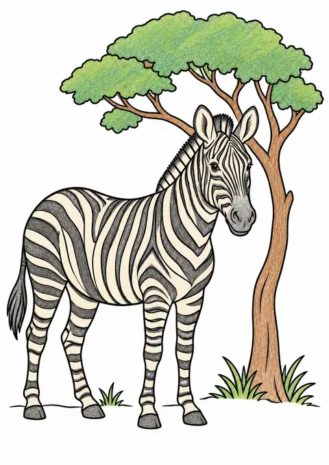 Zebra beside a Tree color example