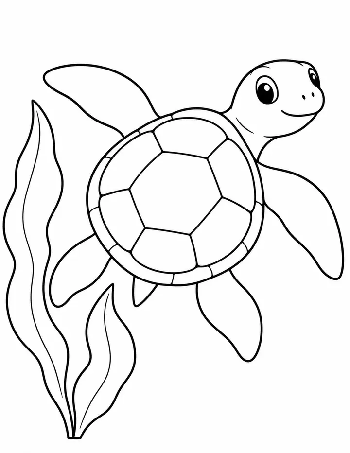 Sea Turtle beside Seaweed line art