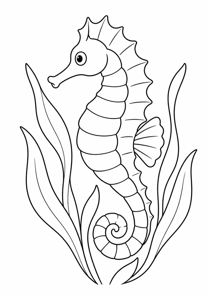 Seahorse beside Seagrass line art