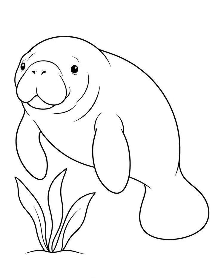 Manatee beside Seagrass line art