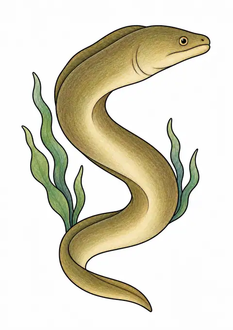 Moray Eel beside Seaweed color example