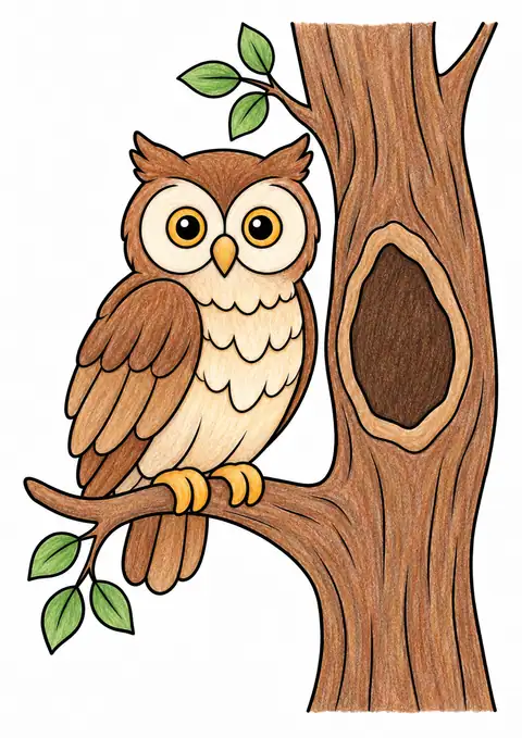 Owl beside a Tree Hollow color example