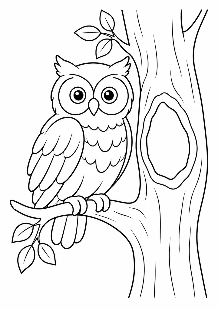 Owl beside a Tree Hollow line art