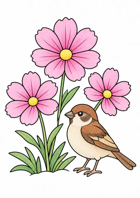 Sparrow by a Flower Bed color example