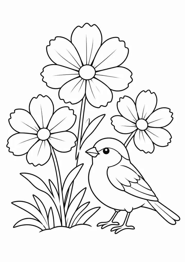 Sparrow by a Flower Bed line art