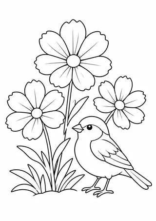 Sparrow by a Flower Bed