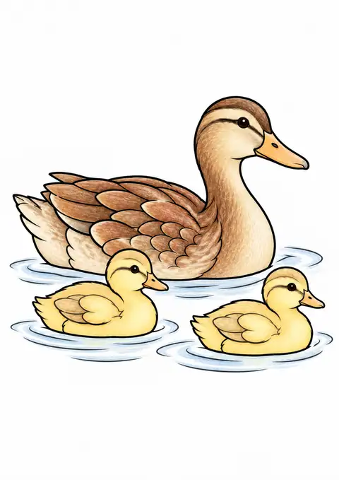 Duck and Ducklings on a Pond color example