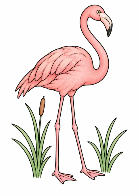 Flamingo beside Reeds color example