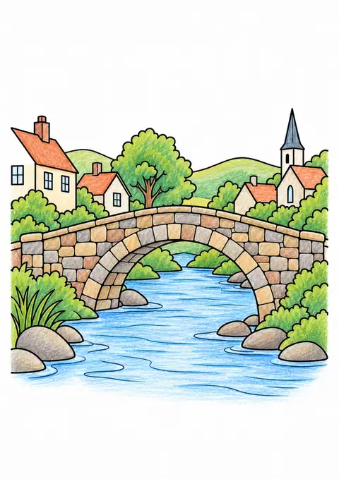 Stone Arch Bridge over a River color example