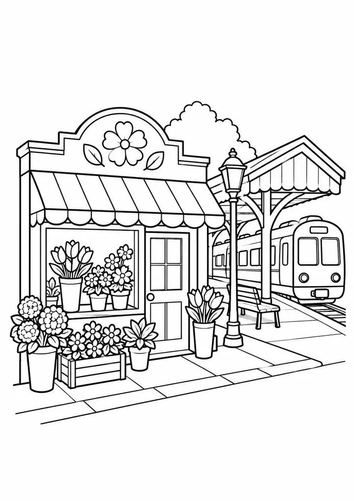 Flower Shop beside a Station line art