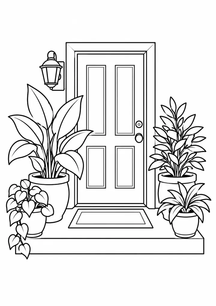 Apartment Entrance with Potted Plants line art