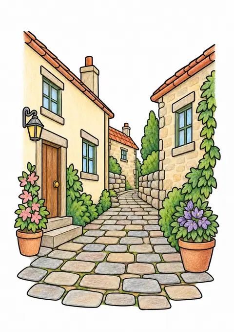 Cobbled Lane between Houses color example