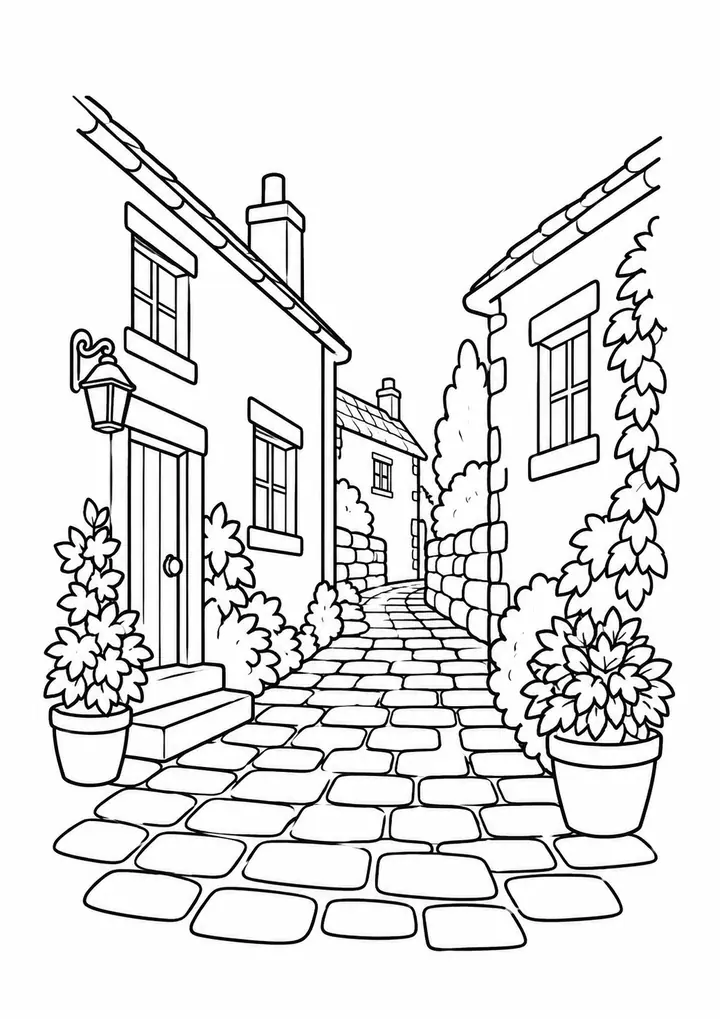 Cobbled Lane between Houses line art