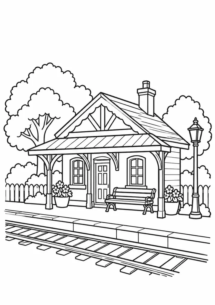 Small Railway Station Building line art