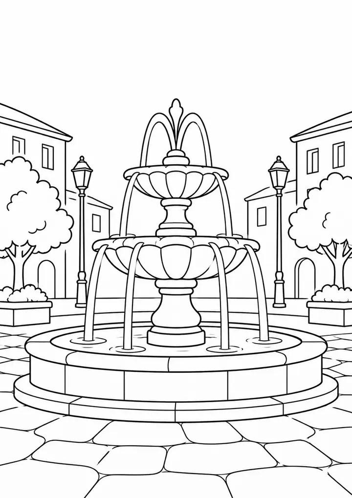 Fountain in a Town Square line art