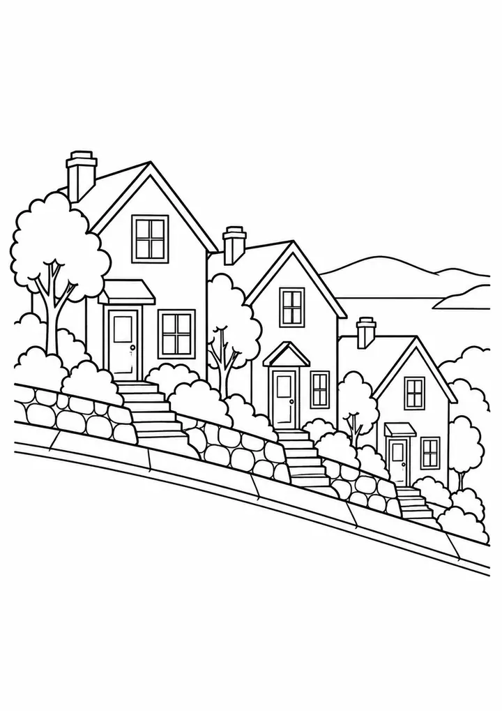 Houses along a Sloping Street line art