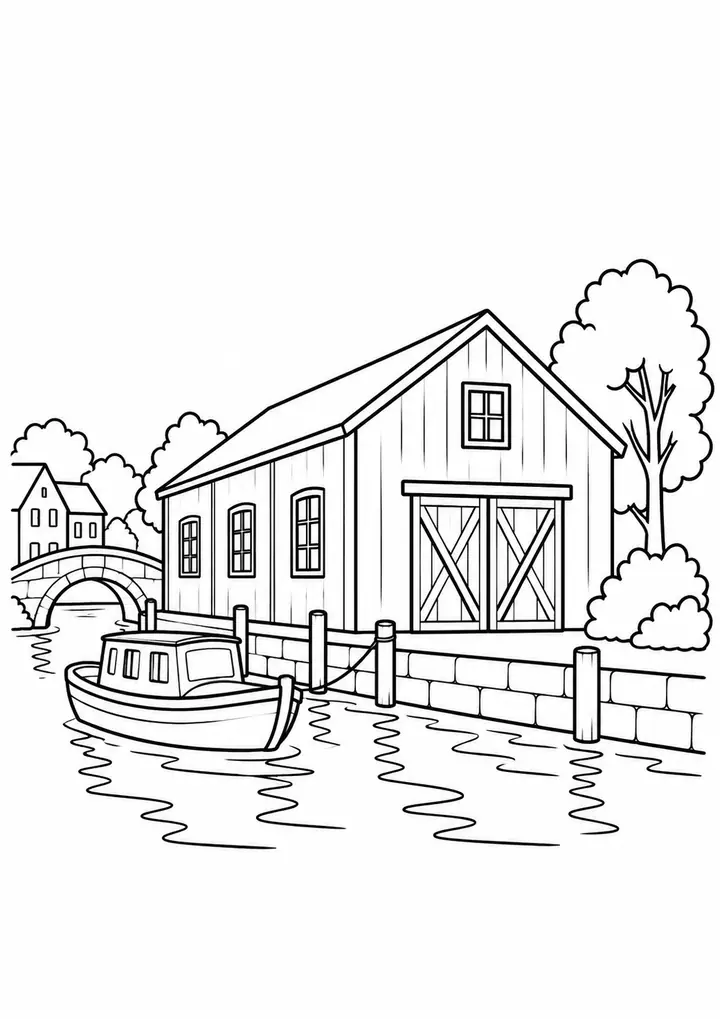 Warehouse beside a Canal line art